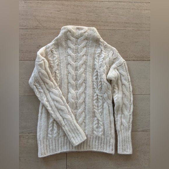 Vince Alpaca Wool Blend Braided Cable Funnel-Neck Camel Sweater crème - Picture 4 of 9